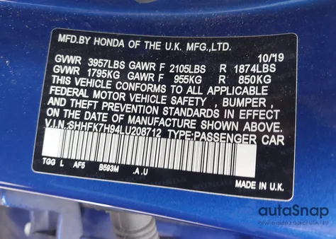 2020 Honda Civic Sport Touring from USA, damaged, VIN SHHFK7H94LU208712